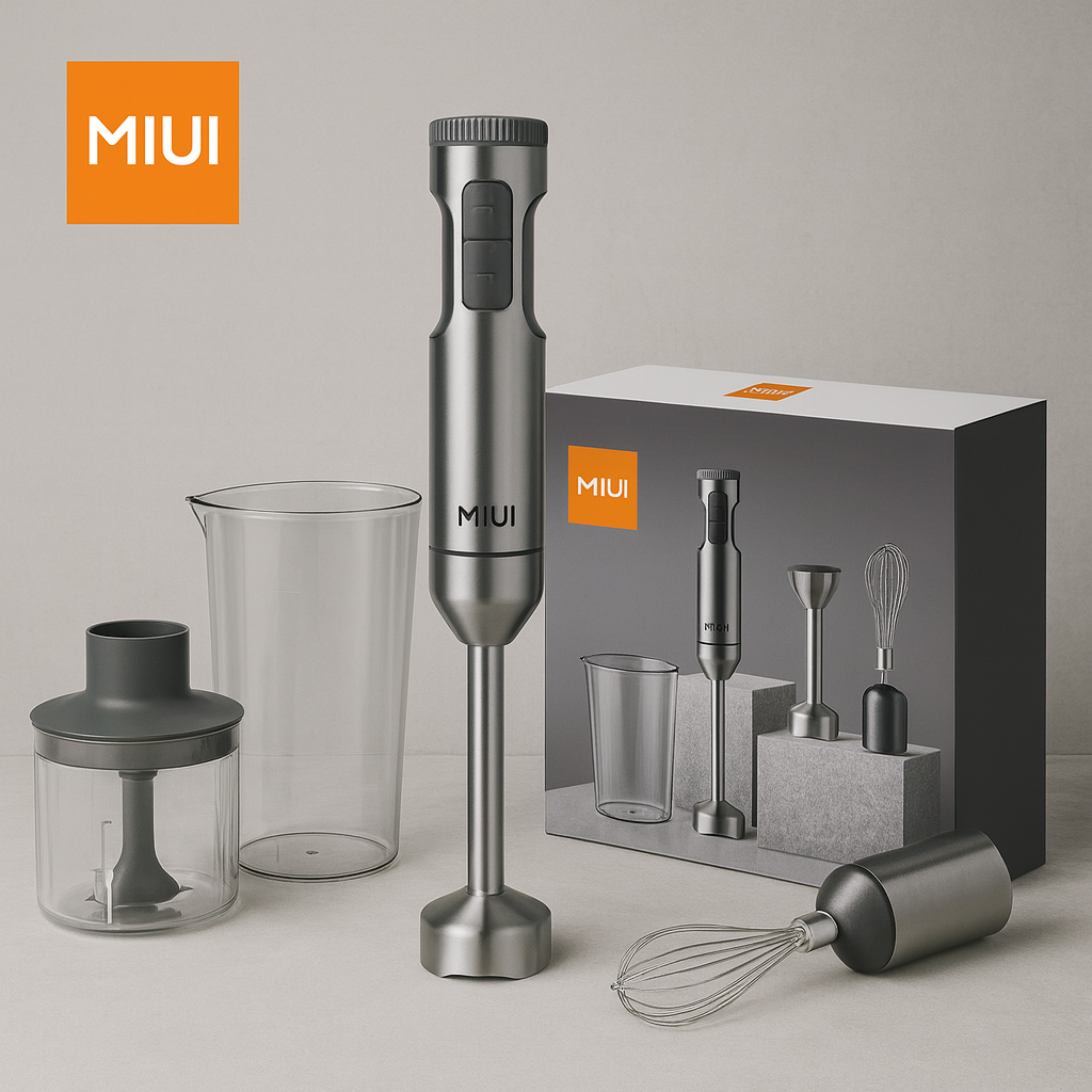 MIUI 1000W 4-in-1 Hand Immersion Blender, Powerful Stainless Steel Stick Mixer with 700ml Beaker, 500ml Chopper, and Whisk