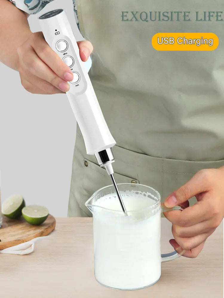 USB Rechargeable Wireless Milk Frother — 3-Speed Handheld Electric Foam Maker for Lattes, Cappuccinos, Hot Chocolate, and Coffee Whisk Mixing